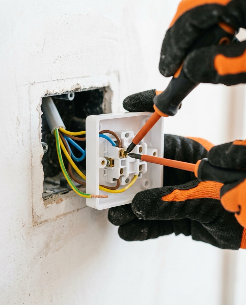 Electrician testing a switch terminal with neon probes behind orange gloves