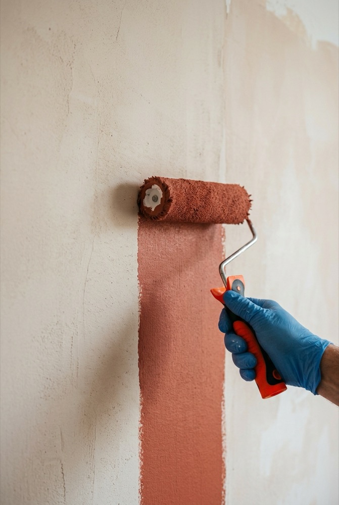 Paint roller drawing a rust-red coat across a plastered wall