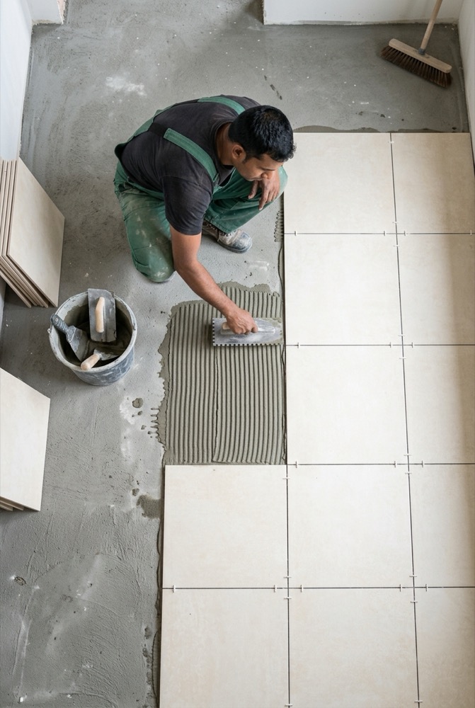 Overhead view of a CBW tiler spreading adhesive in notched rows before laying cream porcelain tiles